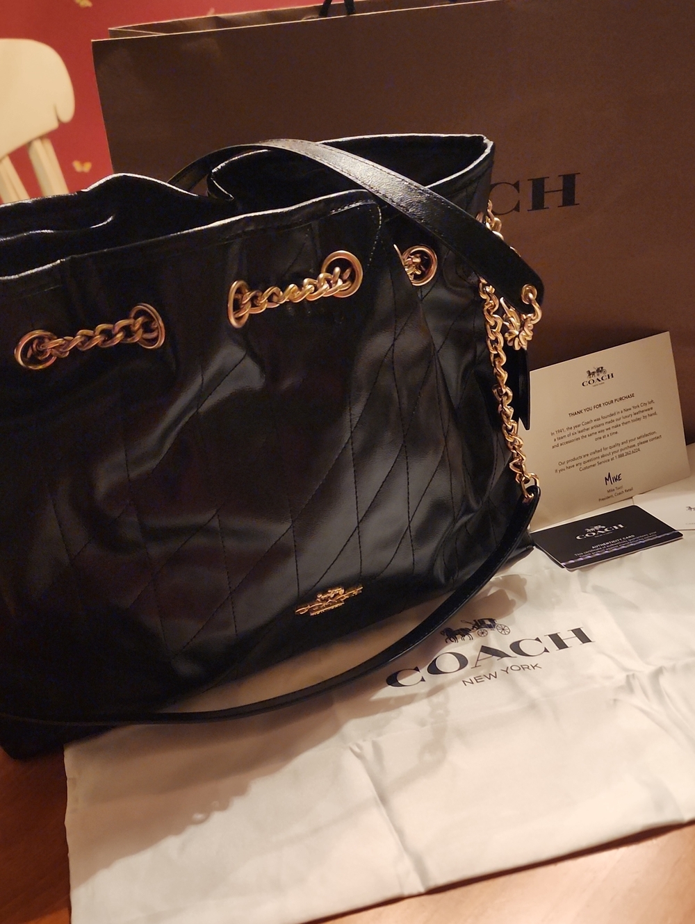 Evelyn Coach Black Quilted Leather Shoulder Tote with Gold Chain Trim